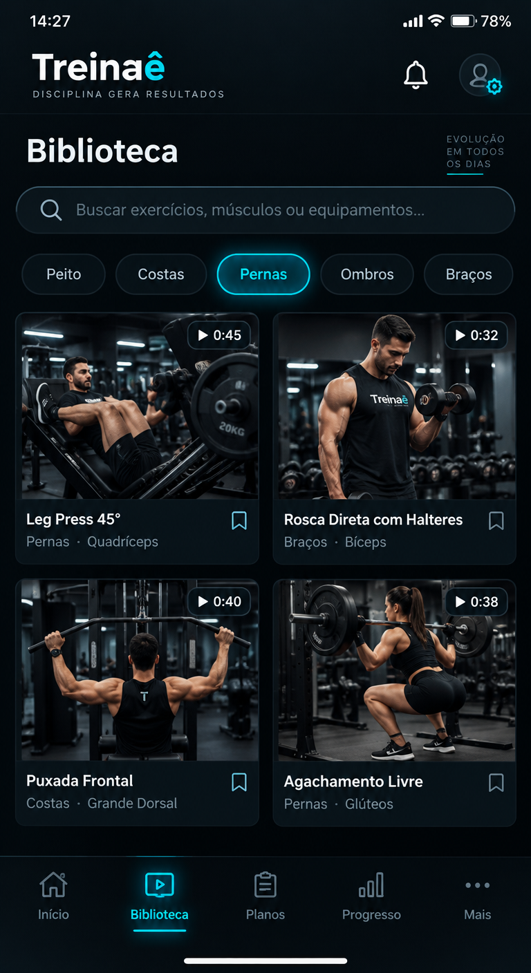 Tela da biblioteca de exercícios do Treinaê com busca e categorias