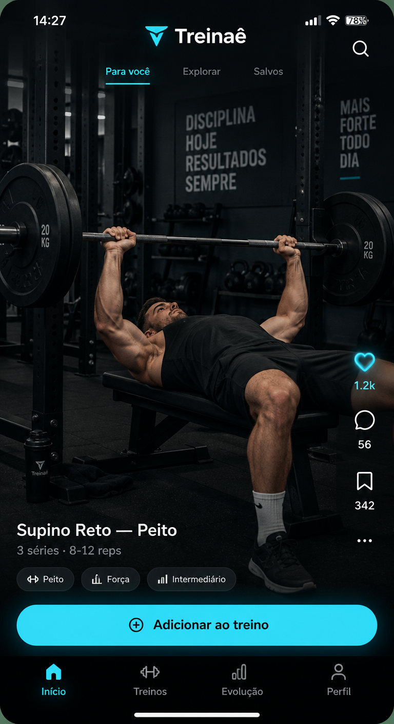 Tela do feed de vídeos do Treinaê mostrando o exercício Supino Reto